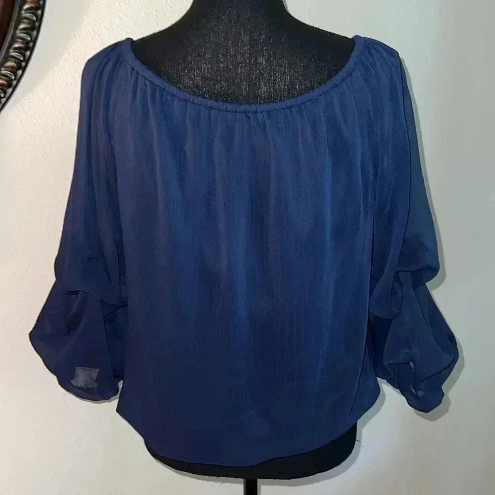 CeCe Women’s Navy Blue Off the Shoulder Bubble 3/4 Sleeve Tie at Waist Blouse M - Picture 8 of 16